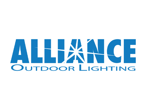 The image is a blue and white logo for "Alliance Outdoor Lighting" featuring text and a stylized icon that implies beams of light or connectivity.