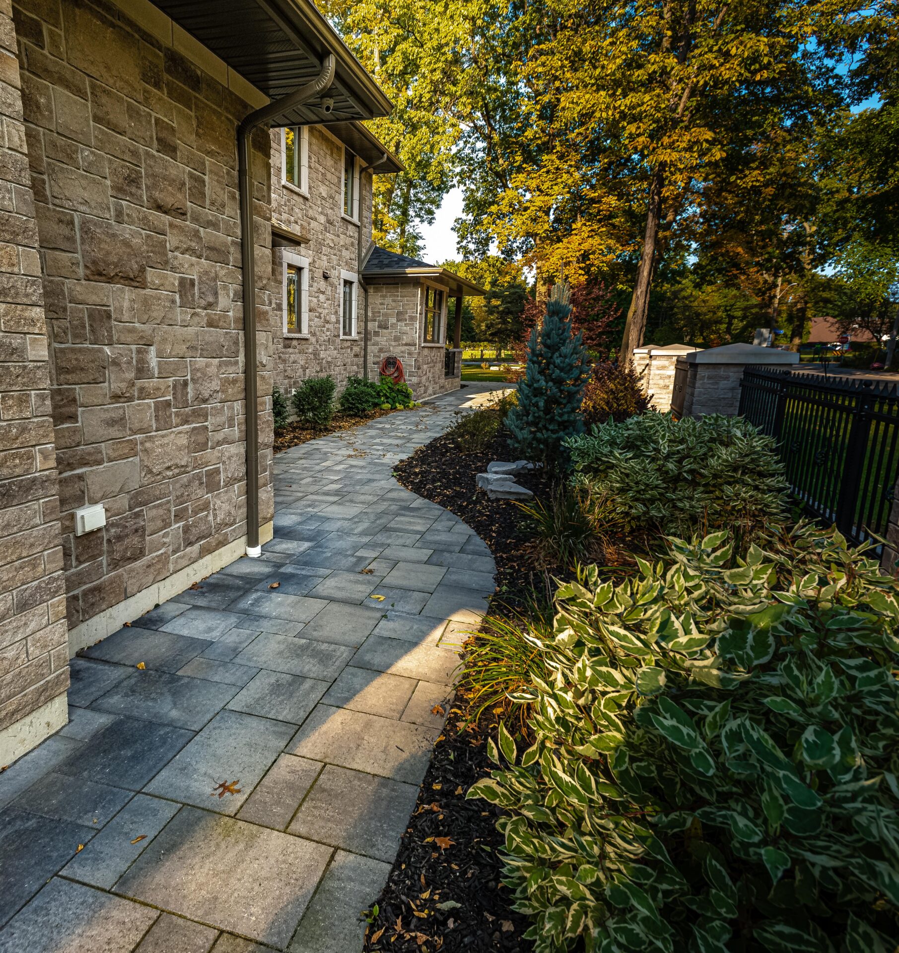 This image displays a landscaped pathway bordered by shrubs and plants leading up to a stone house with large windows and a clear blue sky overhead.