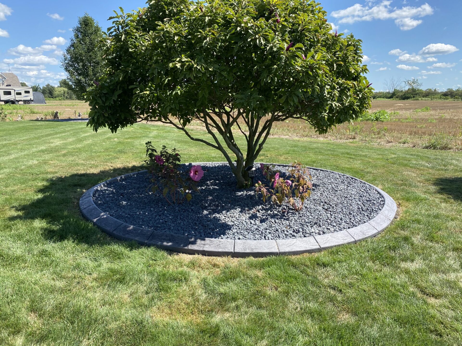 A neatly landscaped circular garden area with a large tree, flowering shrubs, and a gravel bed surrounded by pavers, with a field and RV in the background.
