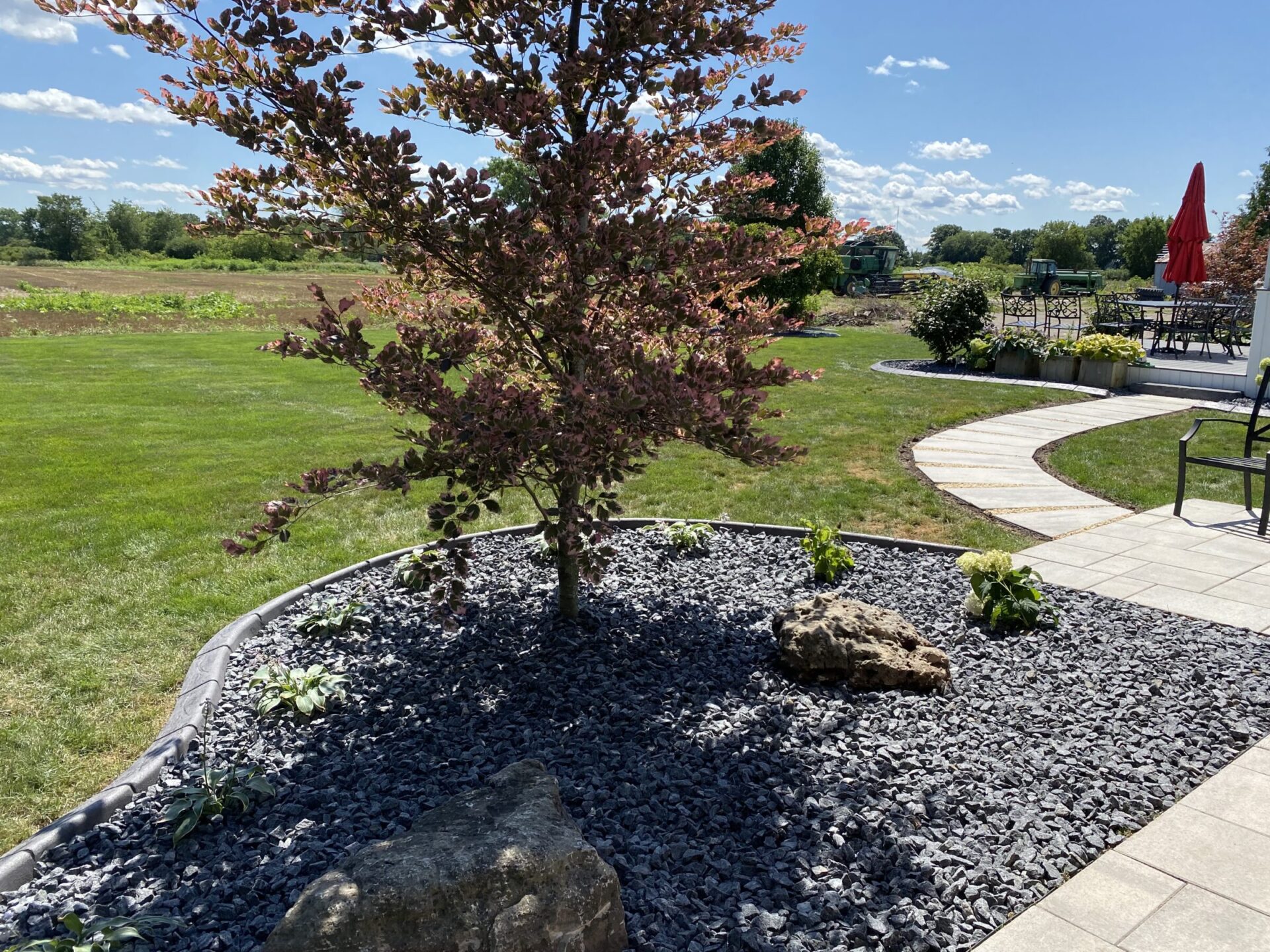 This image depicts a landscaped garden with a purple-leafed tree, black mulch, rocks, stepping stones, outdoor furniture, and a green field background under a blue sky.