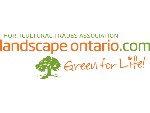 The image displays the logo of Landscape Ontario, with green and orange text, a stylized tree graphic, and the tagline "Green for Life!" at the bottom.