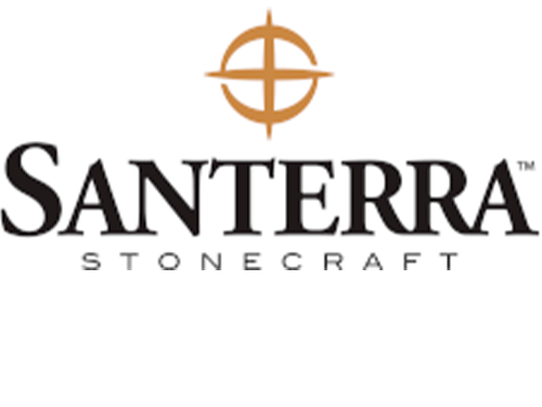 This is a logo for "SANTERRA STONECRAFT," featuring stylized text and an emblem with a compass-like design above the name, suggesting navigation or precision.