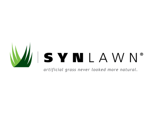 The image displays a logo with a green graphic symbolizing grass, next to the text "SYNLAWN®" in black, followed by the slogan "artificial grass never looked more natural."