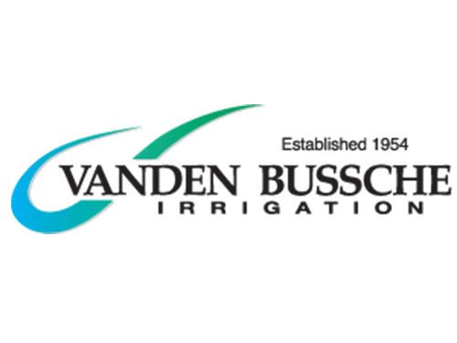 This is a logo featuring the name "Vanden Bussche Irrigation" with a stylized, swooping blue and green design element, indicating motion or water flow, established in 1954.