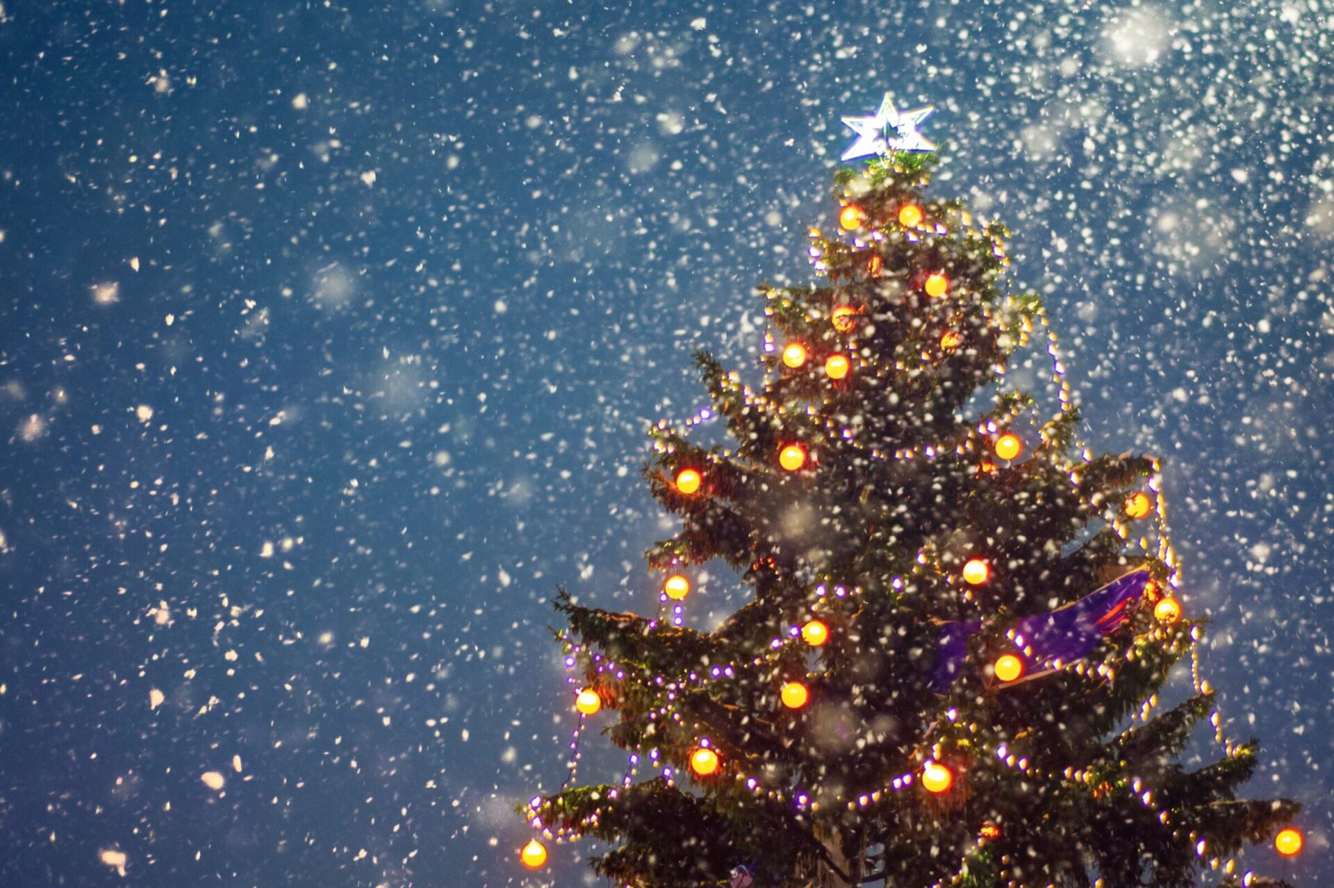 An illuminated Christmas tree adorned with a star topper and colorful lights stands amid gently falling snow against a night sky.