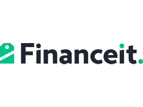 This image features the logo of "Financeit," which has a stylized tag design in the letter "F" and green dots over the 'i's, with a modern, clean font.