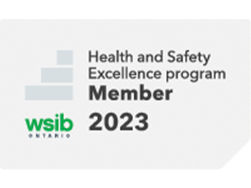 This image shows a membership card for the Health and Safety Excellence program by WSIB Ontario, dated 2023, indicating an affiliation or recognition.