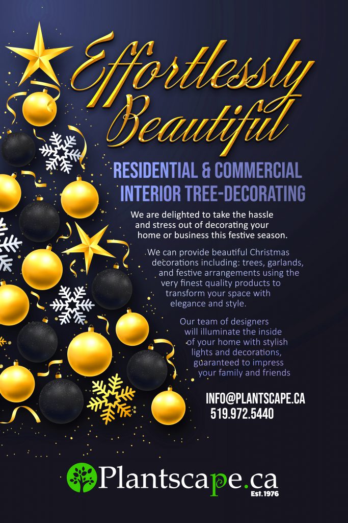 This image is an advertisement for a company offering residential and commercial interior tree-decorating services for Christmas with contact information at the bottom.