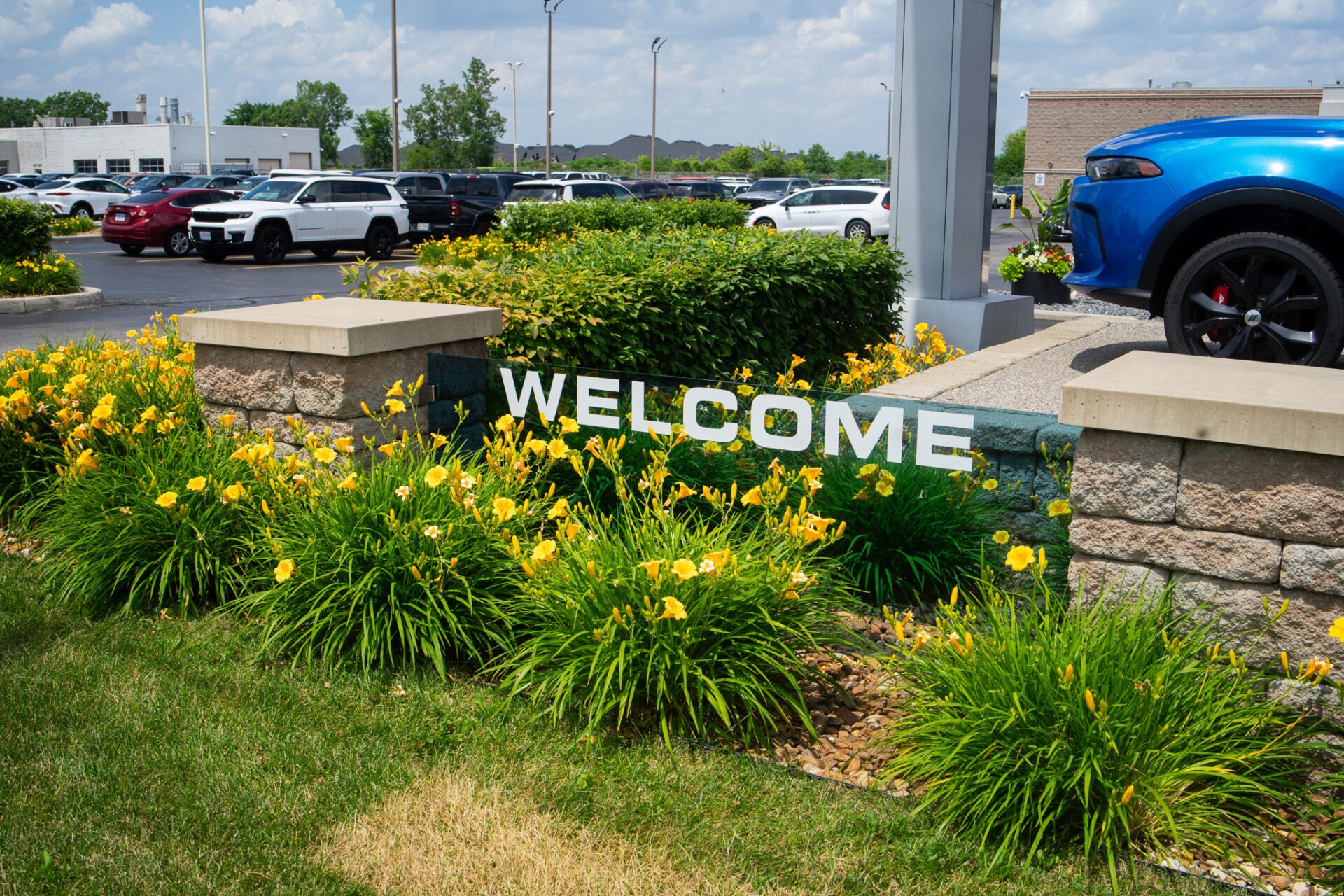 Plantscape crew performing regular lawn maintenance on a commercial property in Windsor