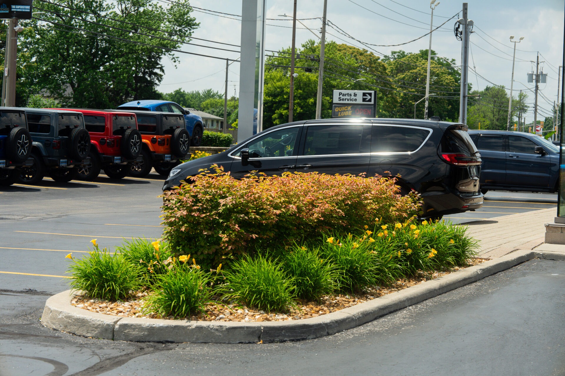 well-maintained Windsor commercial plaza with clean walkways, pruned shrubs, and fresh mulch
